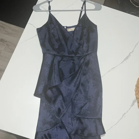 royal blue wedding dresses for bride Navy Satin Lace Short Prom Dress, A-Line Short Sleeve Party Dress main image 0